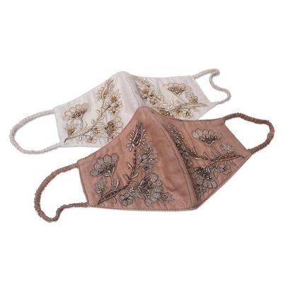 Alternate image for 2 Beaded Embroidered Cotton Face Masks in Tan and Ivory Glamorous Tan and Ivory