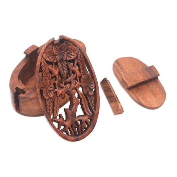Alternate image for Floral Suar Wood Puzzle Box from Bali Plumeria Oval