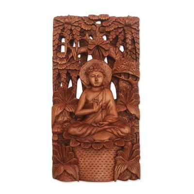 Alternate image for Hand-Carved Suar Wood Relief Panel of Buddha Praying Buddha in Nature