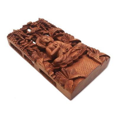 Alternate image for Hand-Carved Suar Wood Relief Panel of Buddha Praying Buddha in Nature