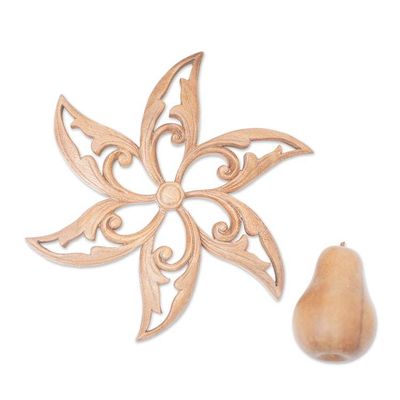 Alternate image for Hand-Carved Floral Suar Wood Relief Panel from Bali Razor Petals