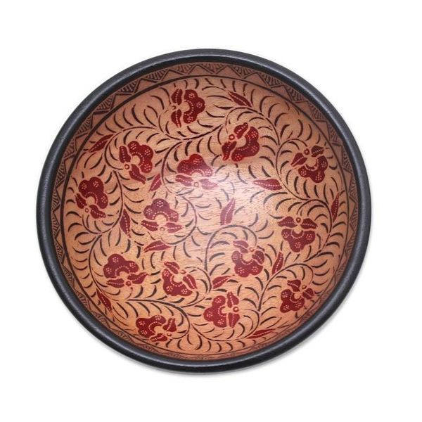 Alternate image for Floral Motif Batik Wood Decorative Bowl from Bali Lok Chan Flowers