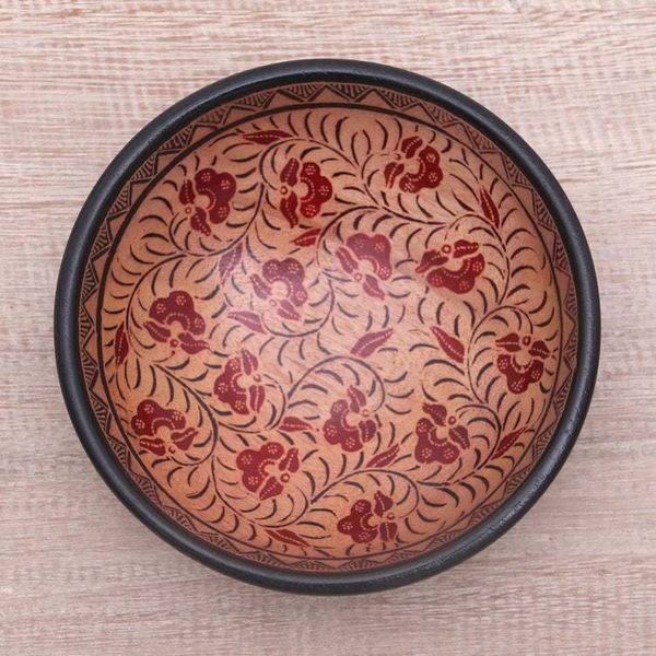 Alternate image for Floral Motif Batik Wood Decorative Bowl from Bali Lok Chan Flowers