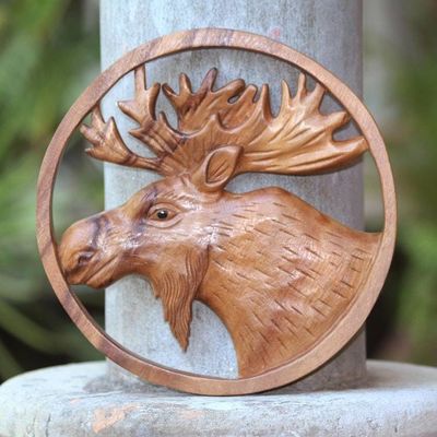 Alternate image for Hand Carved Suar Wood Moose Wall Panel Moose Portrait