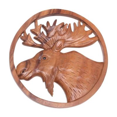 Alternate image for Hand Carved Suar Wood Moose Wall Panel Moose Portrait