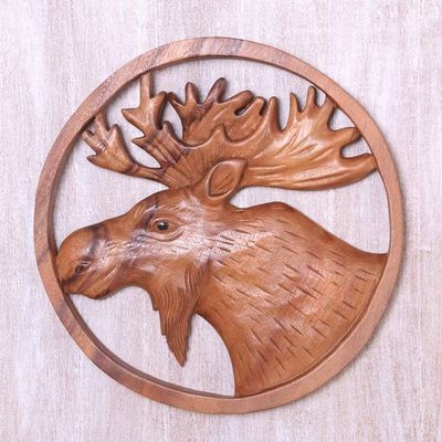 Alternate image for Hand Carved Suar Wood Moose Wall Panel Moose Portrait