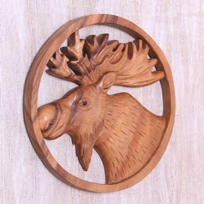 Alternate image for Hand Carved Suar Wood Moose Wall Panel Moose Portrait