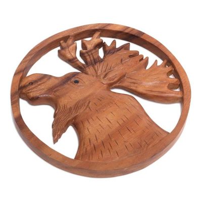 Alternate image for Hand Carved Suar Wood Moose Wall Panel Moose Portrait