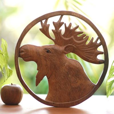 Alternate image for Hand Carved Suar Wood Moose Wall Panel Moose Portrait