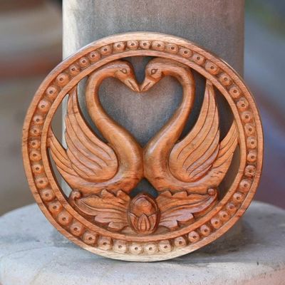 Alternate image for Swan-Themed Suar Wood Relief Panel from Bali Swan Romance