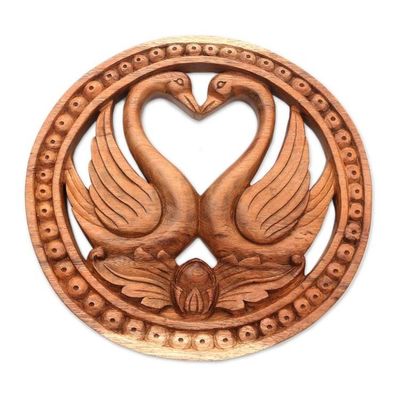 Alternate image for Swan-Themed Suar Wood Relief Panel from Bali Swan Romance