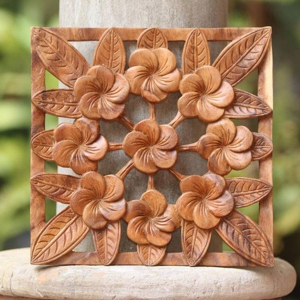 Alternate image for Frangipani Flower Suar Wood Relief Panel from Bali Interconnected Jepun