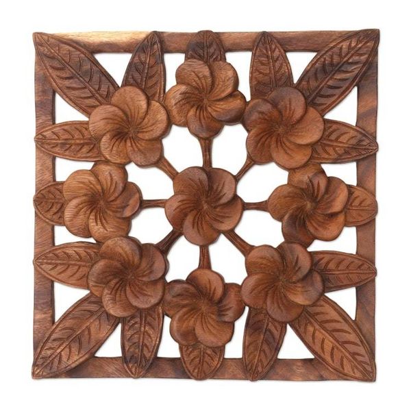 Alternate image for Frangipani Flower Suar Wood Relief Panel from Bali Interconnected Jepun