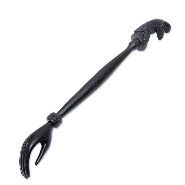 Alternate image for Black Turtle Themed Wood Back Scratcher Hand Carved in Bali Turtle Relief in Black