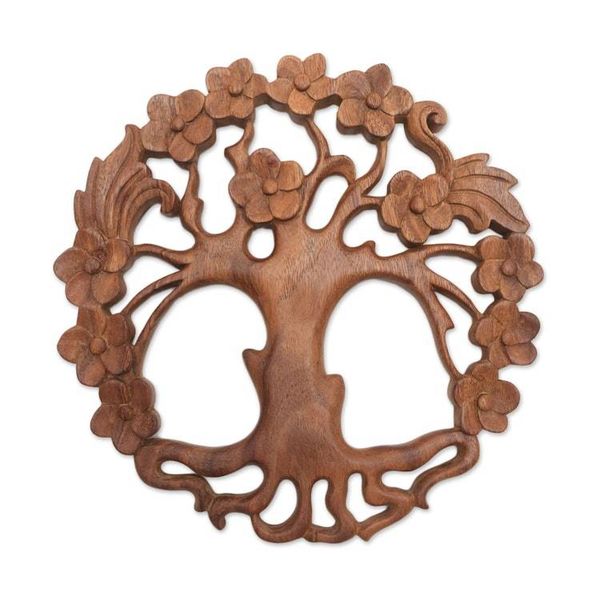 Alternate image for Circular Tree-Themed Suar Wood Relief Panel from Bali Tree of Beauty