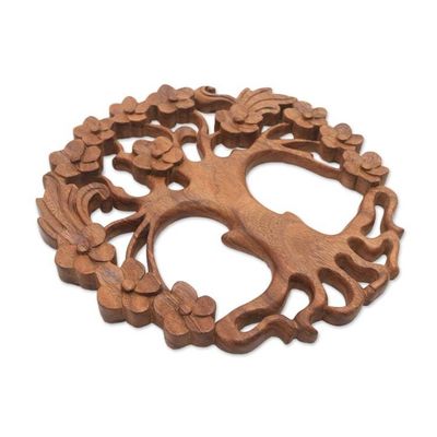 Alternate image for Circular Tree-Themed Suar Wood Relief Panel from Bali Tree of Beauty