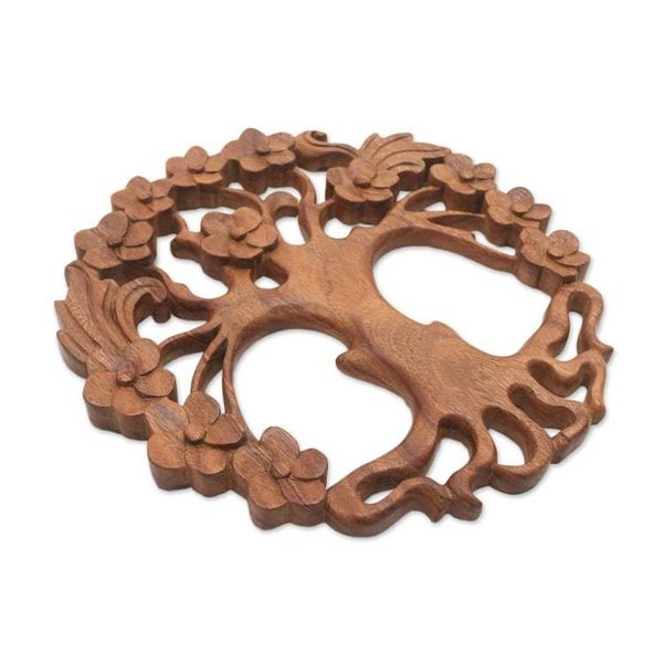 Alternate image for Circular Tree-Themed Suar Wood Relief Panel from Bali Tree of Beauty
