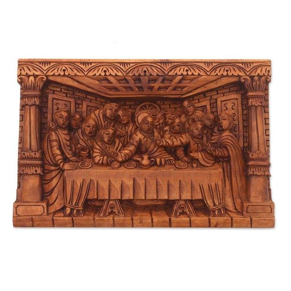 Alternate image for Hand-Carved Last Supper Wood Relief Panel from Bali Last Dinner