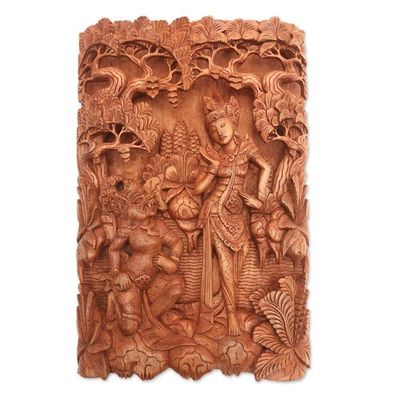 Alternate image for Ramayana-Themed Cempaka Wood Relief Panel from Bali Sita and Hanuman