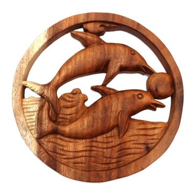 Alternate image for Hand Carved Suar Wood Dolphin Relief Panel from Bali Fun with Dolphins