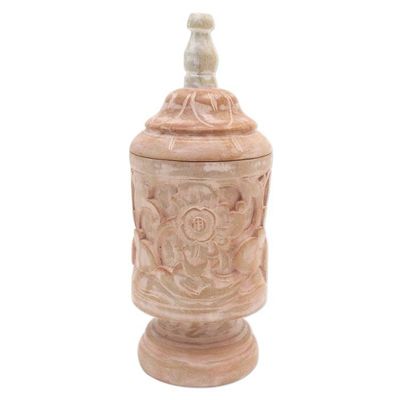 Alternate image for Mahogany Wood Cylindrical Decorative Jar with Floral Motifs Antique Flower