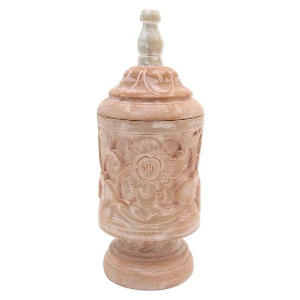 Alternate image for Mahogany Wood Cylindrical Decorative Jar with Floral Motifs Antique Flower