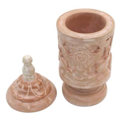 Alternate image for Mahogany Wood Cylindrical Decorative Jar with Floral Motifs Antique Flower