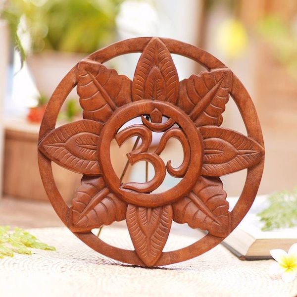 Alternate image for Hand Carved Wood Relief Panel with Leaves and Om Symbol Jungle Om