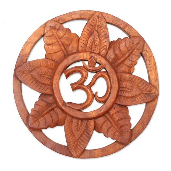 Alternate image for Hand Carved Wood Relief Panel with Leaves and Om Symbol Jungle Om