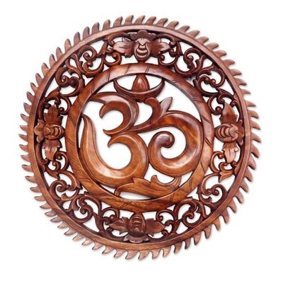Alternate image for Hand Carved Om Motif Wood Wall Relief Panel from Bali Om Serenity