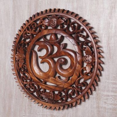 Alternate image for Hand Carved Om Motif Wood Wall Relief Panel from Bali Om Serenity