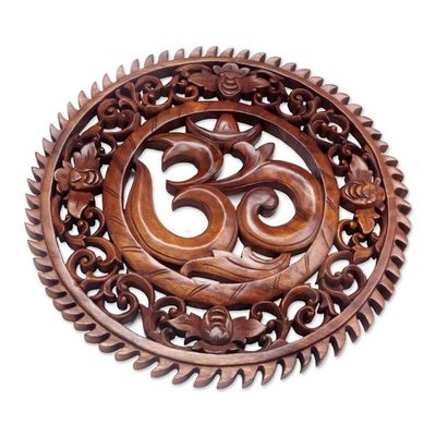 Alternate image for Hand Carved Om Motif Wood Wall Relief Panel from Bali Om Serenity