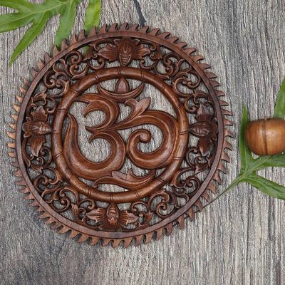Alternate image for Hand Carved Om Motif Wood Wall Relief Panel from Bali Om Serenity