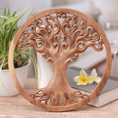 Alternate image for Hand Carved Wood Relief Panel of a Surreal Balinese Tree Tangled Tree