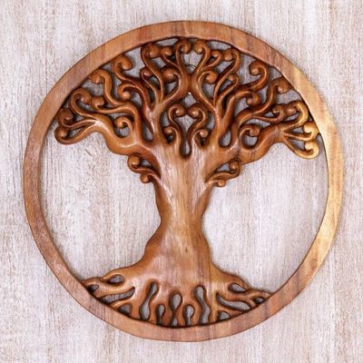 Alternate image for Hand Carved Wood Relief Panel of a Surreal Balinese Tree Tangled Tree