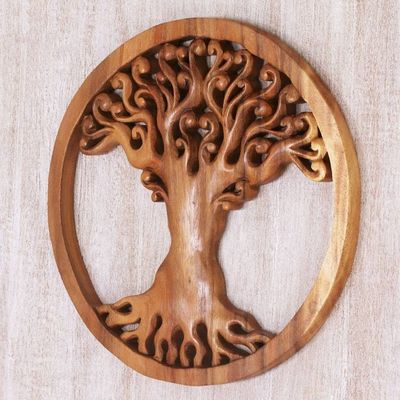 Alternate image for Hand Carved Wood Relief Panel of a Surreal Balinese Tree Tangled Tree