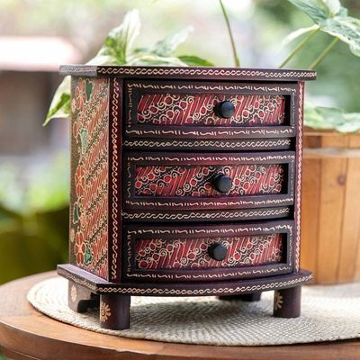Alternate image for Red Parang Motif Handcrafted Wood Batik Jewelry Box Scarlet Scrolls