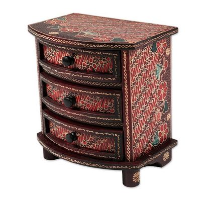 Alternate image for Red Parang Motif Handcrafted Wood Batik Jewelry Box Scarlet Scrolls