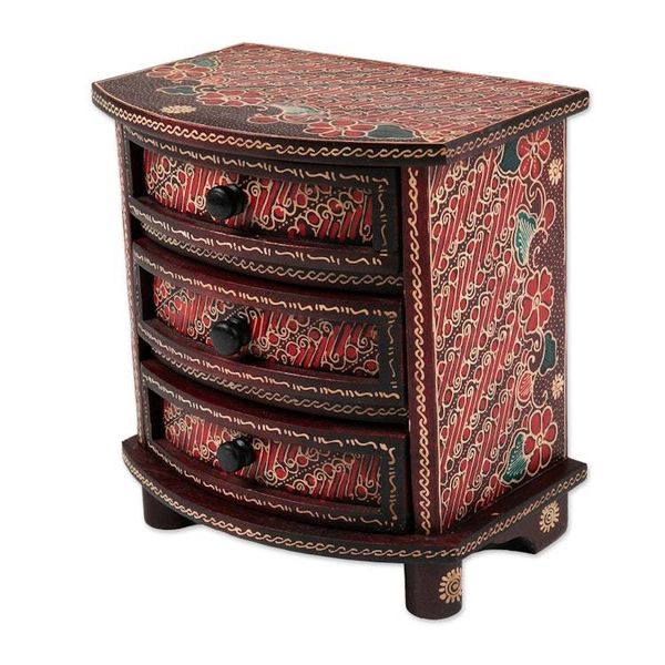 Alternate image for Red Parang Motif Handcrafted Wood Batik Jewelry Box Scarlet Scrolls