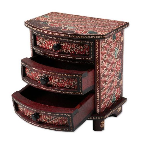 Alternate image for Red Parang Motif Handcrafted Wood Batik Jewelry Box Scarlet Scrolls