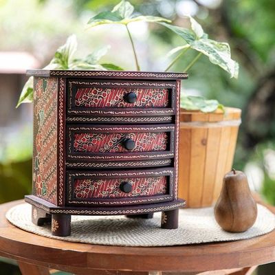 Alternate image for Red Parang Motif Handcrafted Wood Batik Jewelry Box Scarlet Scrolls