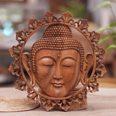Alternate image for Hand Carved Buddha Face Wall Panel with Floral Engravings Buddha Face