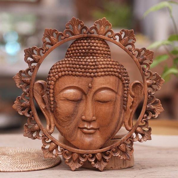 Alternate image for Hand Carved Buddha Face Wall Panel with Floral Engravings Buddha Face