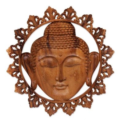 Alternate image for Hand Carved Buddha Face Wall Panel with Floral Engravings Buddha Face