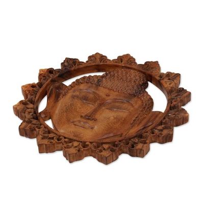 Alternate image for Hand Carved Buddha Face Wall Panel with Floral Engravings Buddha Face