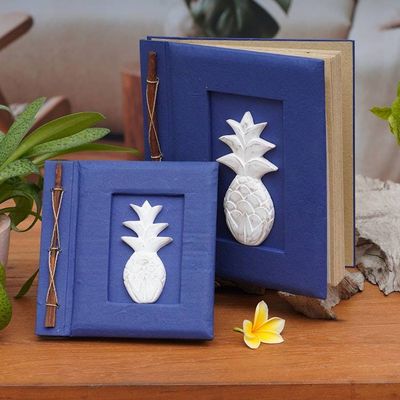 Alternate image for Two Albesia Wood Indonesian Pineapple Photo Albums in Blue Pineapple Dreams in Blue