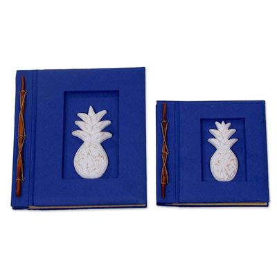 Alternate image for Two Albesia Wood Indonesian Pineapple Photo Albums in Blue Pineapple Dreams in Blue