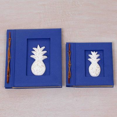 Alternate image for Two Albesia Wood Indonesian Pineapple Photo Albums in Blue Pineapple Dreams in Blue