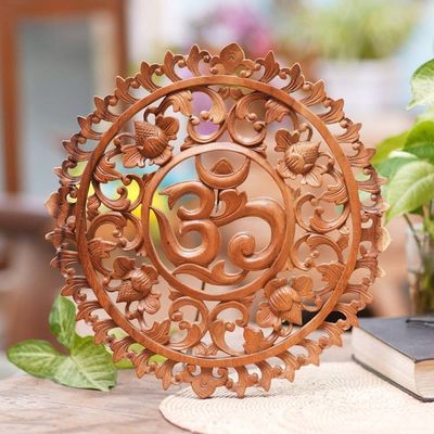 Alternate image for Hand-Carved Floral Om Suar Wood Relief Panel from Bali Floral Om Corona