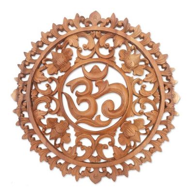 Alternate image for Hand-Carved Floral Om Suar Wood Relief Panel from Bali Floral Om Corona